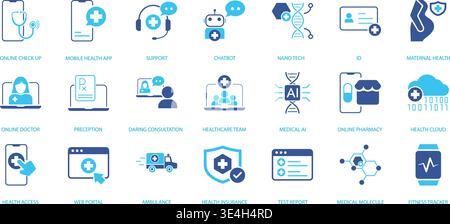 Set di icone della moderna tecnologia sanitaria con telemedicina, consultazione medica online, intelligenza artificiale medica, chatbot, app digitale per la salute, farmacia e cloud Illustrazione Vettoriale
