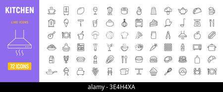 Set di icone della linea di cottura della cucina. Icona degli utensili da forno da cucina con ricetta vettoriale per pasticceria Illustrazione Vettoriale