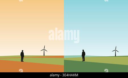 Contrasto concettuale dell'impatto del cambiamento climatico e del futuro sostenibile con turbine eoliche in paesaggi aridi e lussureggianti con sagome umane Illustrazione Vettoriale
