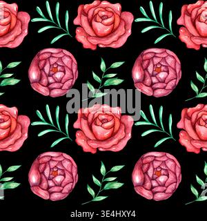 Motivo floreale acquerello senza cuciture con rose rosa, fiori di peonia e foglie verdi su sfondo nero. Elegante texture botanica dipinta a mano per tex Foto Stock