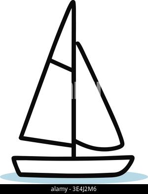 Semplice illustrazione in linea di una piccola barca a vela galleggiante sull'acqua con due vele triangolari e uno scafo stretto. Illustrazione Vettoriale