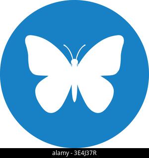 Icona a farfalla bianca sul cerchio blu, semplice simbolo grafico per i concetti della natura o degli insetti. Illustrazione Vettoriale