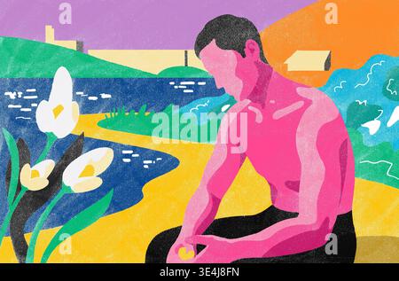 Illustrazione astratta colorata di un uomo contemplativo seduto accanto a un lago, con colline, fiori e cielo stilizzati, che trasmettono un tranquillo riflesso, solitudine, a. Foto Stock