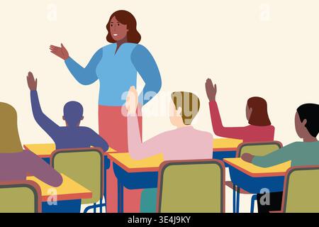 Una donna afroamericana sta conducendo una lezione in una classe virtuale. Un gruppo eterogeneo di studenti è impegnato e alza le mani per porre domande Foto Stock