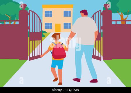 Un padre e un figlio camminano insieme, tenendosi per mano, mentre si dirigono verso casa per una scuola virtuale. Il ragazzo ha uno zaino ed è pronto per le lezioni online in Foto Stock