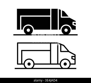 Questa immagine presenta illustrazioni minimaliste in bianco e nero dei camion di consegna, ideali per progetti di trasporto e logistica. Perfetto per l'uso commerciale Illustrazione Vettoriale