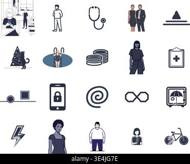 "Un'ampia e premium collezione di icone professionali di linee vettoriali e glifi, appositamente studiate per diverse aziende e tecnologie moderne Illustrazione Vettoriale