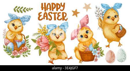 Set di illustrazioni ad acquerello con pulcino di Pasqua e uova di Pasqua Foto Stock