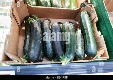 Una scatola di zucchine verdi è su uno scaffale. Le zucchine sono di diverse dimensioni e disposte in modo da facilitare la selezione. Nynashamn, Stoccolma Foto Stock