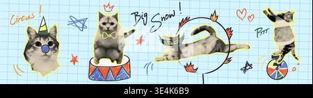 Mezzitoni circo scarabocchiano gatti su sfondo griglia. Illustrazione vettoriale realistica di animali divertenti che giocano con il naso da clown disegnato a mano, saltano attraverso un anello di fuoco, carini disegni di meme per animali domestici, adesivi collage Illustrazione Vettoriale