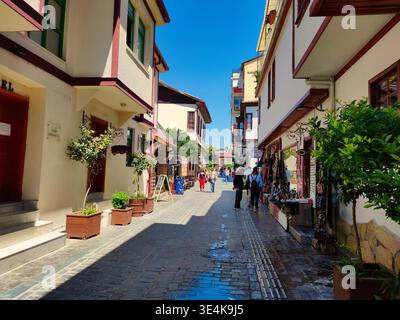 Una fotografia vivace che cattura un affascinante e stretto vicolo acciottolato. Case storiche tradizionali con facciate bianche e finiture rosse fiancheggiano la strada, dove Foto Stock