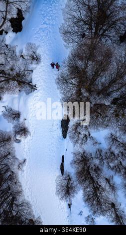Vista aerea dall'alto verso il basso con drone di una coppia che cammina su un sentiero innevato in una foresta invernale, creando un senso di viaggio, connessione e solitudine. Foto Stock