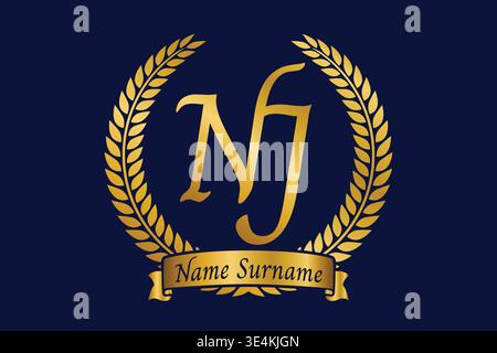 Lettera iniziale N e J, logo monogramma NJ con corona in alloro. Emblema dorato di lusso con carattere calligrafico. Illustrazione Vettoriale