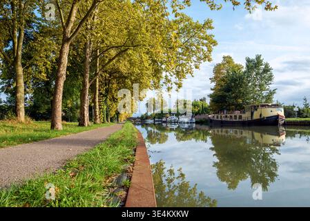 Case galleggianti ormeggiate lungo il canale della Garonna, Montech, Tarn-et-Garonne, Occitanie, Francia Foto Stock