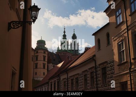 Una splendida ripresa verticale che guarda su una stretta strada storica. La composizione presenta facciate dettagliate dell'edificio con motivi decorativi, un classico Foto Stock