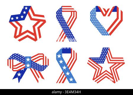 Nastro geometrico bandiera USA a forma di stella, anello, arco e cuore. Illustrazione piatta vettoriale per le festività americane. Elementi di design patriottici moderni per Illustrazione Vettoriale