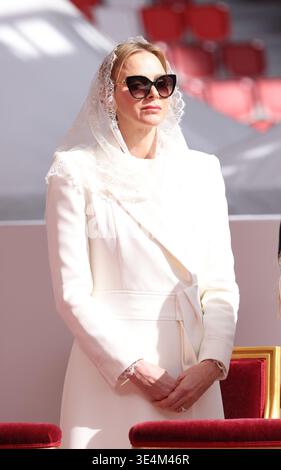 Montecarlo, Monaco. 28 marzo 2026. La Principessa Charlene di Monaco giunse alla messa papale allo Stade Luigi II di Monte Carlo, nel Principato di Monaco il 28 marzo 2026. Papa Leone XIV visita Monaco per un viaggio simbolico di un giorno, la prima presenza papale in quasi cinque secoli. Foto di Jean-Charles Vinaj/ABACAPRESS.COM credito: Abaca Press/Alamy Live News Foto Stock