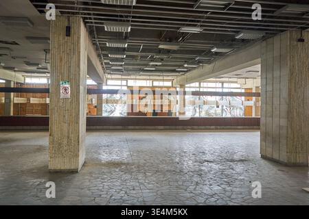 Interno di un grande edificio commerciale abbandonato o vuoto con pilastri in cemento a vista con striature verticali, pavimento incrinato e un Foto Stock