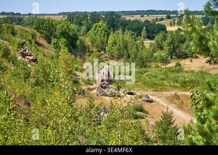 Una vista panoramica del paesaggio estivo della campagna rurale lituana caratterizzata da un terreno roccioso con grandi massi di granito e affioramenti circondati da lussureggianti Foto Stock