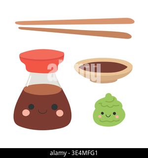 Icona del vettore della salsa e cibo di soia isolato con illustrazione giapponese asiatico. Sushi a fumetti giappone e sugo di sfondo con vettore di cottura in bottiglia Illustrazione Vettoriale
