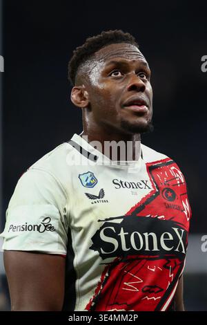 LONDRA, Regno Unito - 28 marzo 2026: Maro Itoje dei Saracens reagisce dopo la partita di rugby in Premiership Saracens e Northampton Saints al Tottenham Hotspur Stadium (credito: Craig Mercer/ Alamy Live News) Foto Stock