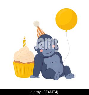 Un piccolo gorilla con un palloncino giallo e un cappello da festa. illustrazione vettoriale per inviti di compleanno per bambini, biglietti, poster, adesivi e stampe. Illustrazione Vettoriale