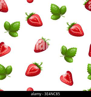 Pattern vettoriale senza cuciture con fragole intere e fette Illustrazione Vettoriale