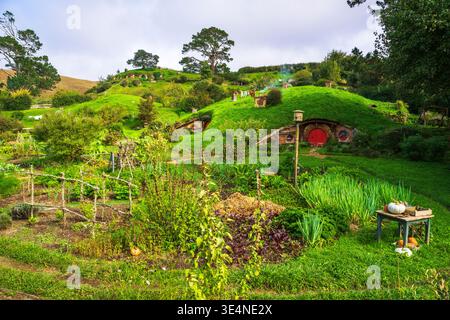 Case e giardini nella Contea, set cinematografico Hobbiton, Matamata, Waikato, North Island, nuova Zelanda Foto Stock