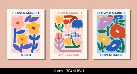 Set di poster colorati per il mercato dei fiori. Illustrazioni di fiori astratti minimali. Vivace arte floreale. Illustrazione Vettoriale