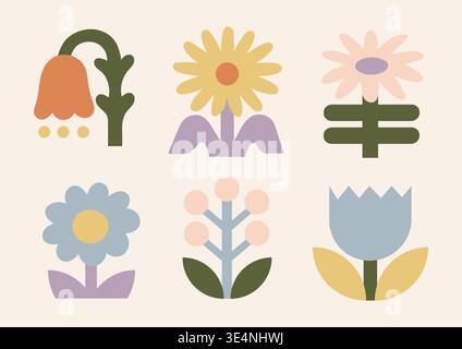 Collezione Clipart di fiori pastello, illustrazioni botaniche piatte in stile minimalista, elementi botanici piatti dallo stile minimalista Illustrazione Vettoriale