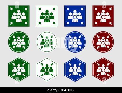 Set di registrazione punto di assemblaggio di emergenza. Design dei simboli dell'area riunioni per l'evacuazione di sicurezza. Illustrazione Vettoriale