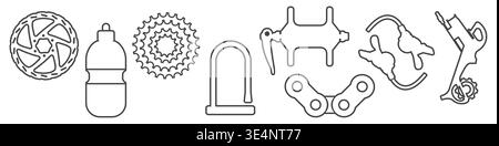 Set di icone della linea dei ricambi per biciclette. Illustrazione vettoriale su sfondo trasparente Illustrazione Vettoriale