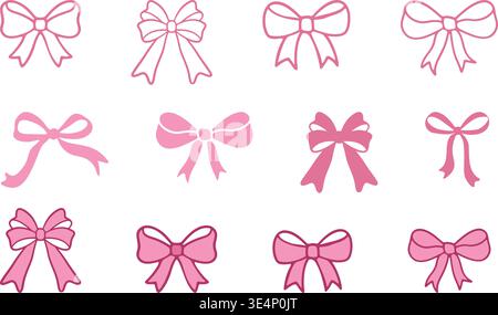 Profilo fiocco a nastro rosa, fiocco Coquette svg, fiocco per capelli rosa svg, vettori fiocco a nastro, fiocco rosa svg, vettore fiocco Coquette. Illustrazione Vettoriale
