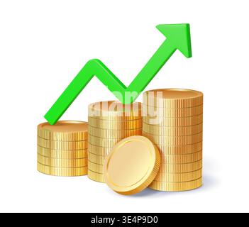 crescita del denaro 3d, monete d'oro con freccia di aumento, diagramma di finanza aziendale. Moderno diagramma vettoriale con freccia rivolta verso l'alto verde in grassetto per presentazioni aziendali o grafica della strategia di investimento Illustrazione Vettoriale