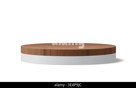 Realistico podio rotondo in legno 3d con base bianca per la presentazione dei prodotti cosmetici. Allestimento vettoriale o da studio per presentazione di branding e mockup promozionale. Modello a piedistallo per cosmetici naturali Illustrazione Vettoriale