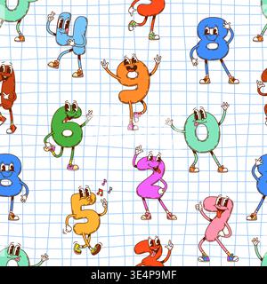 Schema di caratteri dei numeri matematici della scuola. Tessera vettoriale con cifre divertenti ballare allegramente su uno sfondo a griglia. Giocose matematica educativa personaggi numerici con pose vivaci e colori vivaci Illustrazione Vettoriale