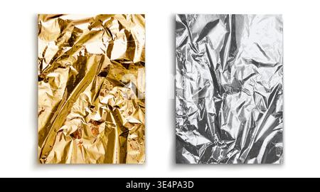 Lamina argentata e dorata rugosa, realistica texture metallica vettoriale 3D. Lamiera deformata con superficie lucida. Lamina di alluminio riflettente, sfondo lucido di lusso, sfondo scintillante Illustrazione Vettoriale