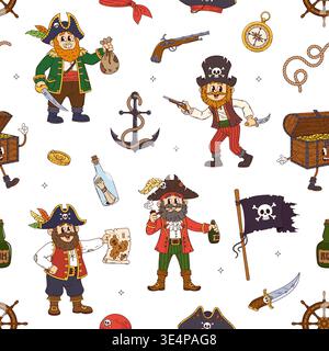 Personaggi cartoni animati pirati e corsaro senza cuciture con allegri personaggi dei pirati che reggono spade, mappe, bottiglie e scrigno del tesoro. Sfondo tessera vettoriale con divertenti swashbuckler y2k Illustrazione Vettoriale
