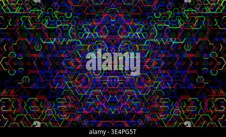 I colori brillanti creano motivi che assomigliano a forme geometriche e connessioni. Linee e forme formano un design complesso, che mostra l'interazione di co Foto Stock