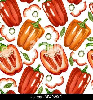 Un motivo ad acquerello senza cuciture con peperoni rossi e arancioni freschi e fette di jalapeno. Tutte dipinte a mano in acquerello. Adatto per la cucina Foto Stock
