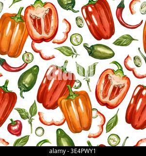 Un motivo senza cuciture con peperoni acquerelli, peperoni peperoncini, jalapenos e foglie disegnati a mano. Fondo di verdure con peperoni e foglie a fette Foto Stock