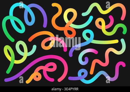 Linee curve sfumate al neon su sfondo scuro che formano un divertente motivo astratto per poster moderni, volantini per feste, banner Web e illustrazioni vettoriali di progetti di branding creativi Illustrazione Vettoriale
