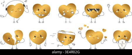 Simpatici personaggi dal cuore dorato con emozioni, pose e attività diverse per biglietti d'auguri di San Valentino, adesivi, social media e disegni per bambini, illustrazioni vettoriali isolate su sfondo bianco Illustrazione Vettoriale