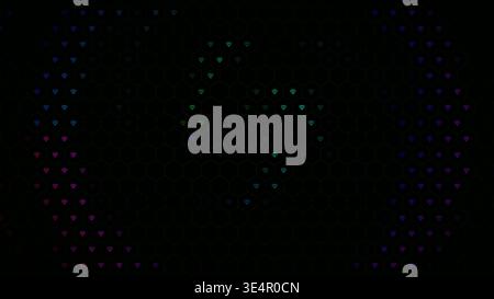 Le forme del cuore luminoso sono disposte in un motivo su uno sfondo scuro. I colori variano a seconda delle forme, creando una scena vivace. Questo design digitale lo è Foto Stock