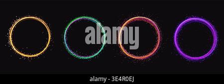 Anelli luminosi colorati brillanti con scintillanti particelle di neon su sfondo scuro, cornici di luce circolari astratte per design futuristico, banner, logo o illustrazione vettoriale di elementi dell'interfaccia utente Illustrazione Vettoriale