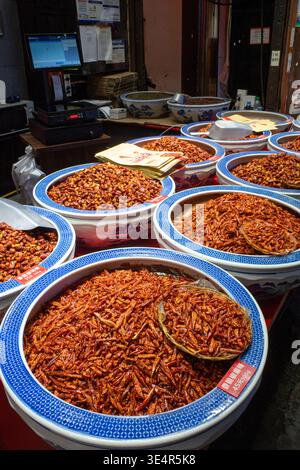 Le file di ciotole contengono larve di insetti secchi, rossastro-arancio. I bordi della ciotola presentano motivi blu complessi. Ogni ciotola si trova su un vivace bancone del mercato. La larv Foto Stock