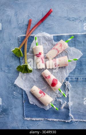 Papaveri cremosi fatti in casa con vortici di bacca rossa e rabarbaro disposti su carta pergamena su tessuto denim. I gambi di rabarbaro fresco e il blu testurizzato Foto Stock