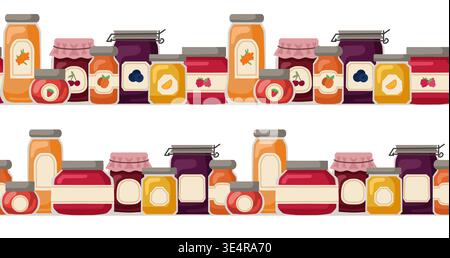 Set vettoriale di bordi senza cuciture di varie marmellate di bacche. Collezione di cornici con vasetti con sciroppo dolce in uno stile piatto per invito, card Illustrazione Vettoriale
