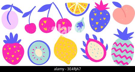 Set di vettoriali per frutta tropicale, fragole, ciliegie, drago, pesca di frutta e prugne disegnate a mano Illustrazione Vettoriale