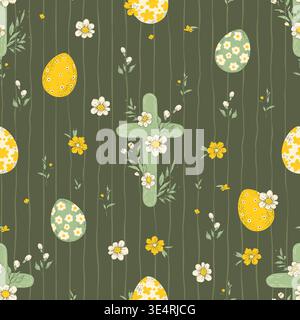 Croce religiosa pasquale senza cuciture motivo Christian Cross uova fiori disegno a mano schizzo primavera sfondo Illustrazione Vettoriale